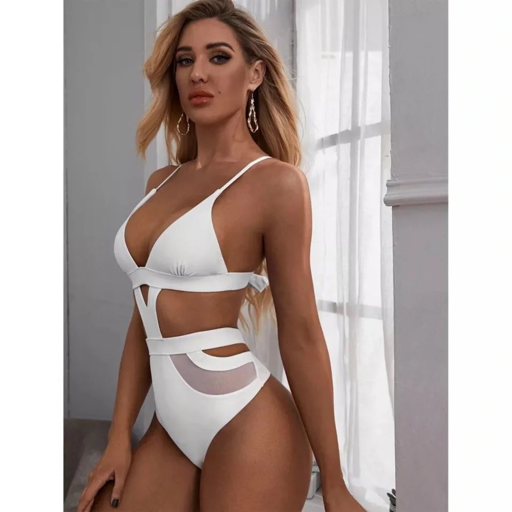NWT cut out swimsuit XL M S white sexy monokini mesh high leg cage cut out mesh - Picture 4 of 8
